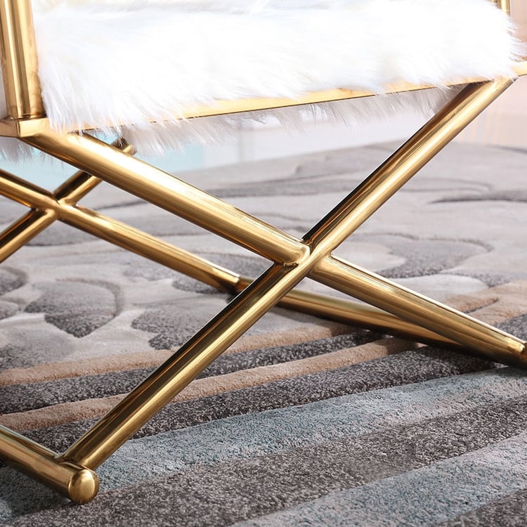 Modern Stylish White Faux Fur Upholstered Armchair Gold Accent