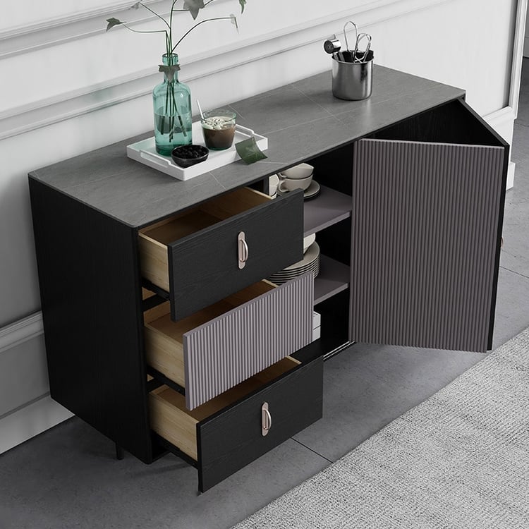 Schwarze Anrichte Buffet 3-Schubladen Anrichte Schrank mit Regal & Falttür｜Homary DE