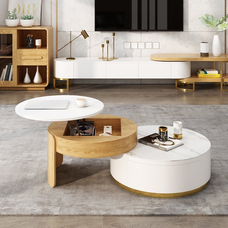 Modern Round Coffee Table with Storage Lift-Top Wood Stone