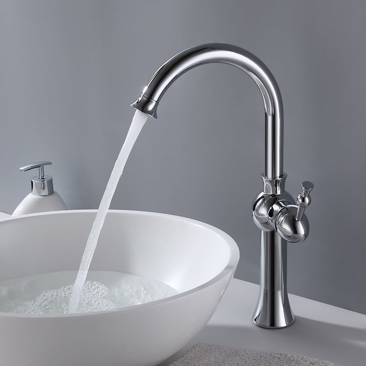thumbnail image 2 of Waterfall Chrome Vessel Sink Faucet – Single Handle Tall Basin Mixer With Drain – GGStudy 6-DSQ-GXW 2 of 5