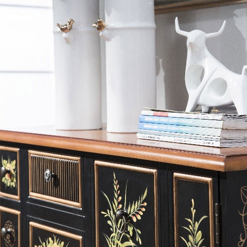 Qasse Traditional Chinoiserie Style Floral Cabinets Birch Black