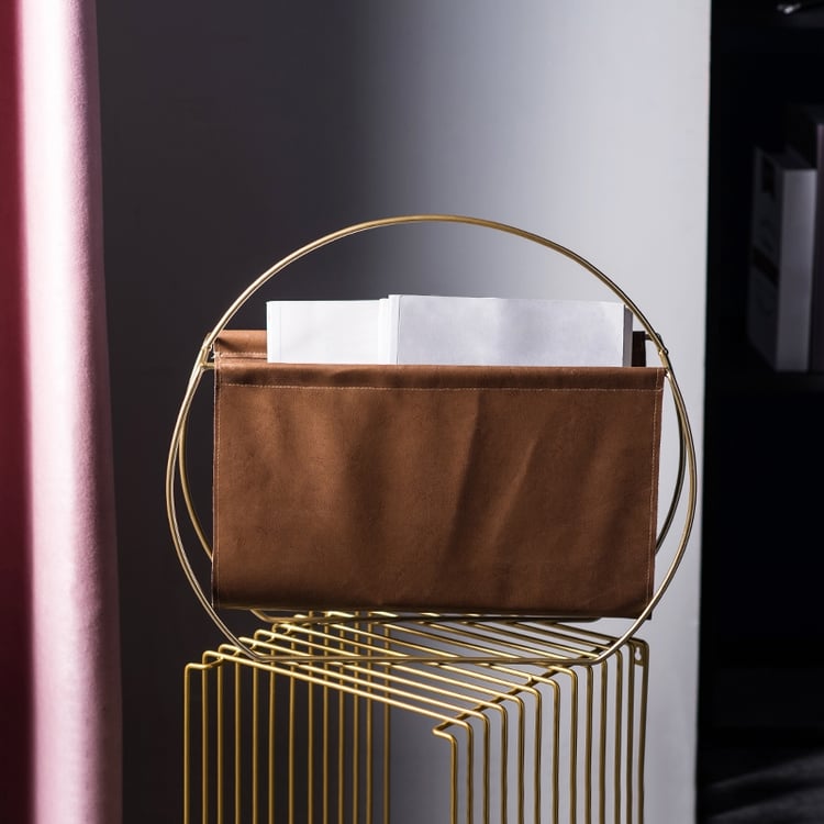 Modern Minimalist Brass Metal Frame Faux Leather Magazine File Holder ...