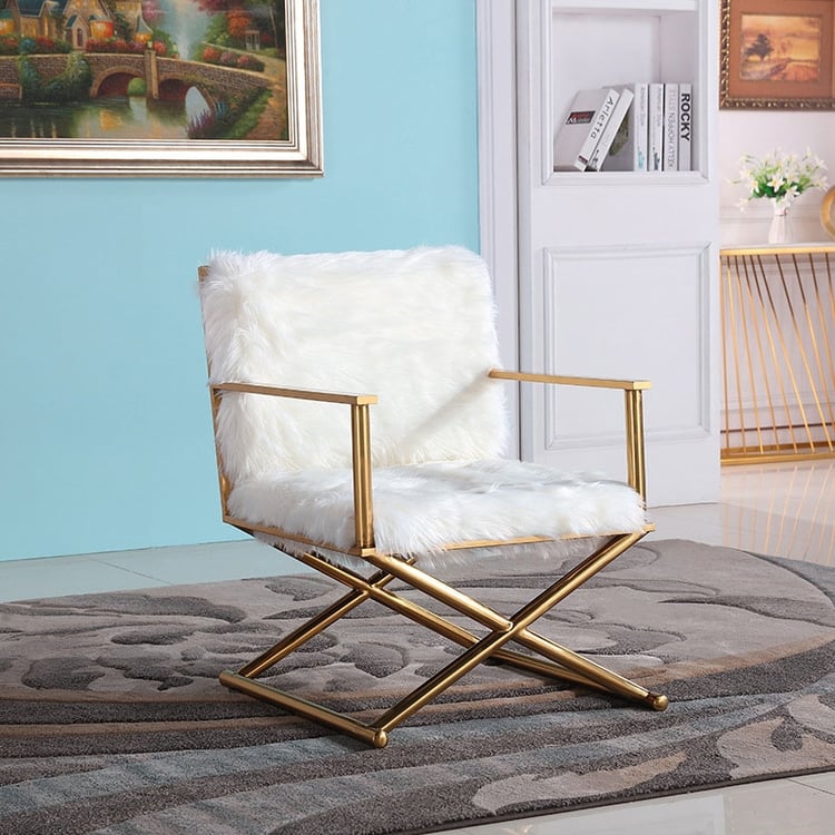 【美品】ラグジュアリー ホワイトファー×ゴールドチェア 美品】ラグジュアリー ホワイトファー×ゴールドチェア