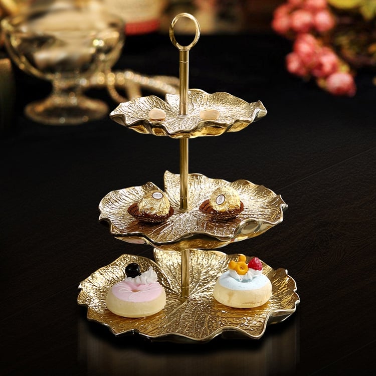 Contemporary Golden Lotus Leaf Tiered Cake Stand with 3-Tier