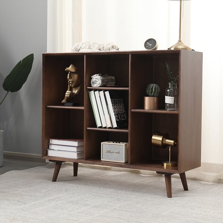 Rustic Walnut Wooden Bookcase with Compartments Office Bookcase｜Homary