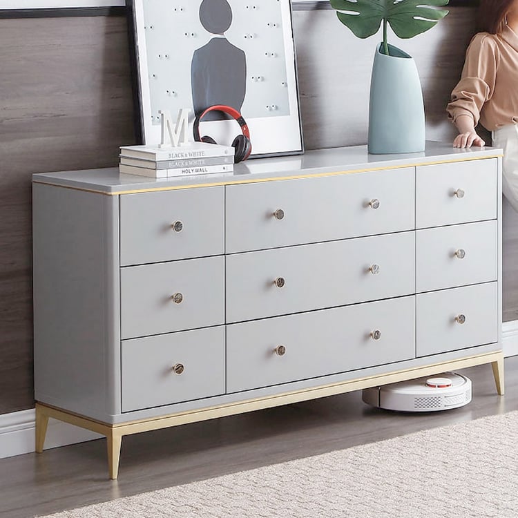 gray dresser with gold knobs Strathroy Dresser Makeover with Oakham Paint and Exposed Wood