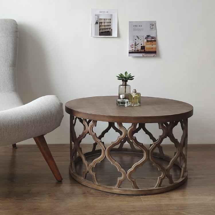 Round Coffee Table Country Accent Table Hollow for Living Room MDF｜Homary