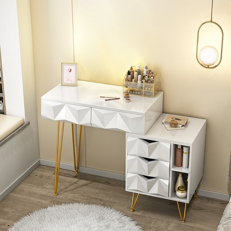Modern White Makeup Vanity Diamond Embossed Surface Dressing Table with  3-Drawer CabinetHomary