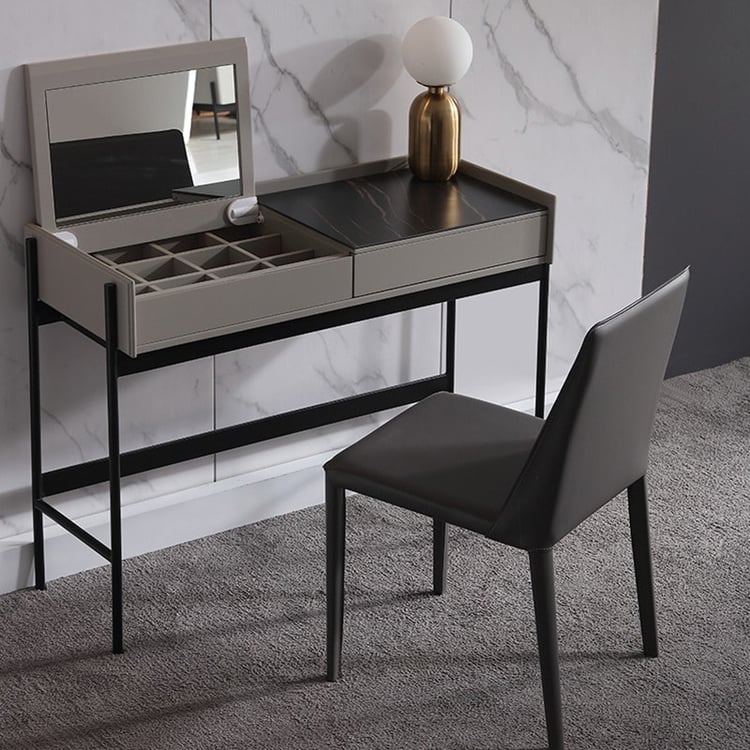 Modern Grey Makeup Vanity Table with Flip Top Mirror Sintered Stone  TopHomary