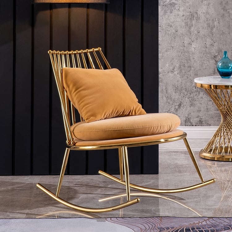 Modern Caramel Upholstered Rocking Chair with Cushion & Pillow Back in ...