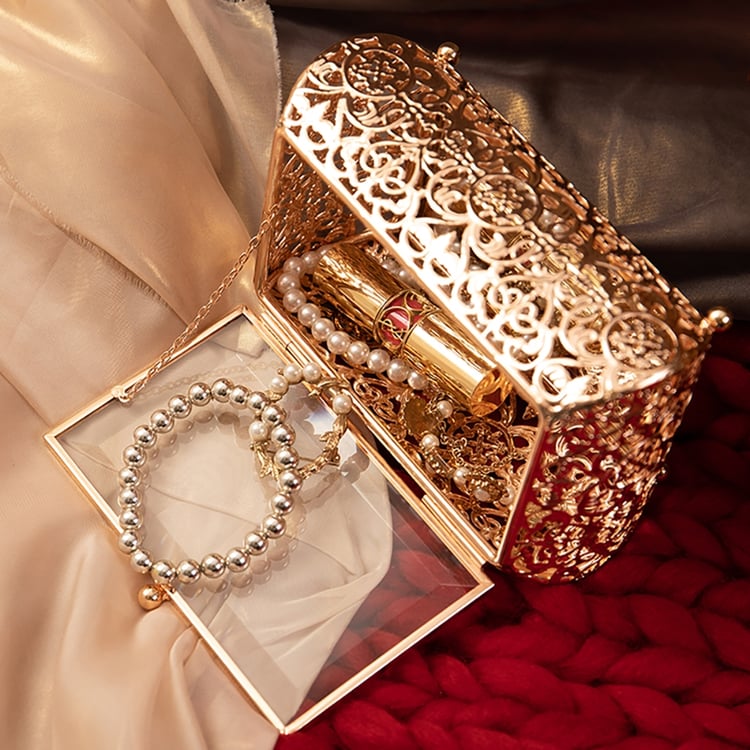 Boîte à Bijoux Rectangulaire Dorée Vintage Avec Couvercle