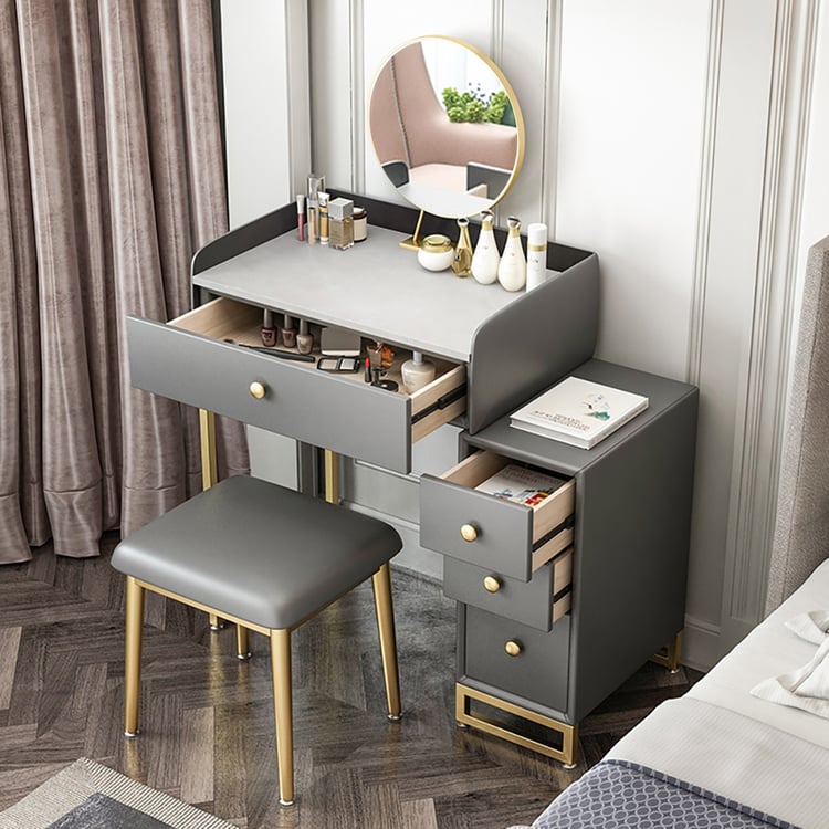 Modern Gray Makeup Vanity Retracted Faux Marble Dressing Table with Side  CabinetHomary