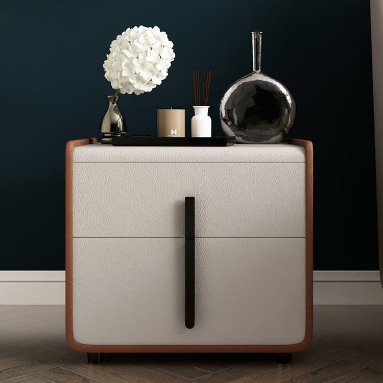 Light Luxury Nightstand Off White Leather Upholstery 2-Drawer