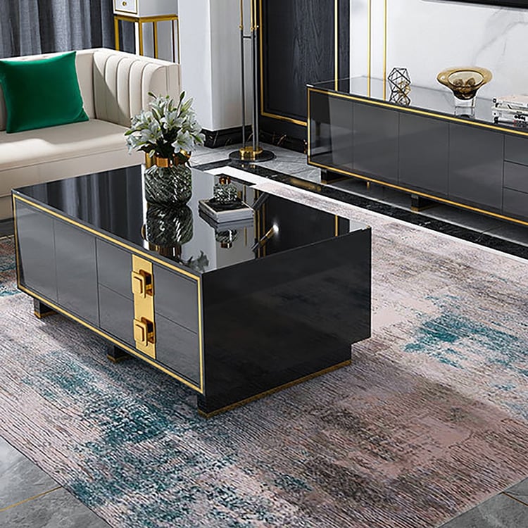 Dewion Modern Black Tempered Glass Coffee Table with Storage｜Homary