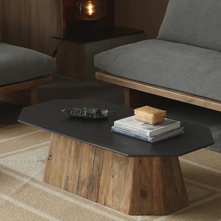 Rustic Coffee Table with Black Particle board Top Pine Wood Base