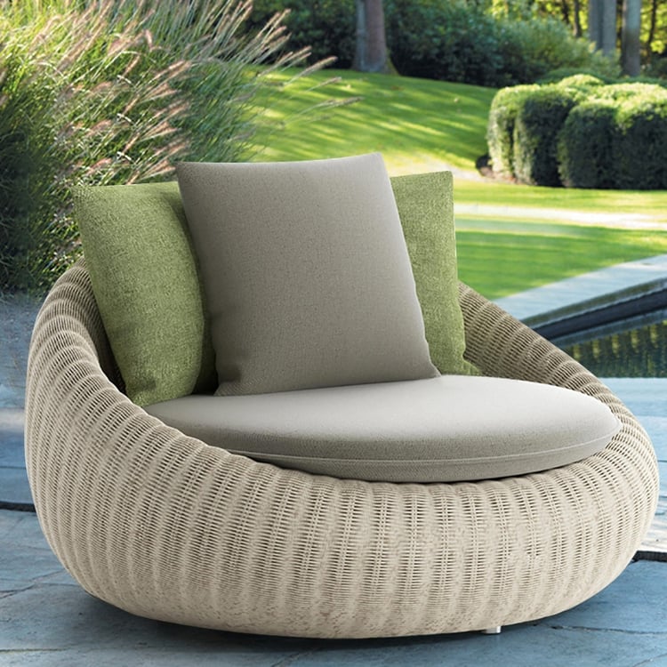 Khaki Woven Rattan Patio Barrel Chair with Cushion and Pillow Back Homary