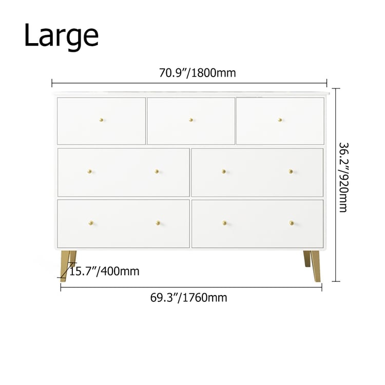 63" Modern White Bedroom Dresser 7-Drawer Cabinet Gold Finish in Small Homary