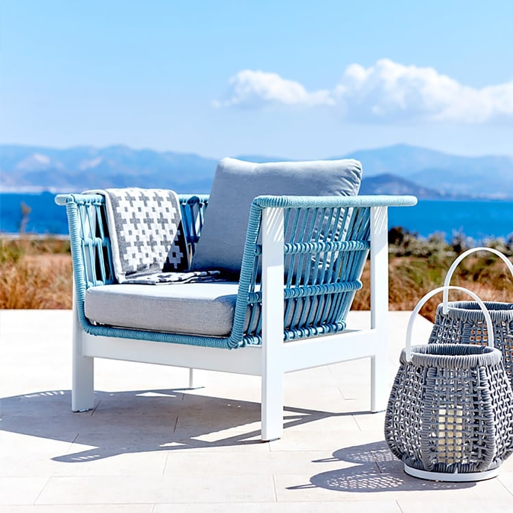 Greek Style Rattan Patio Barrel Chair Blue White with Cushion - Main Image