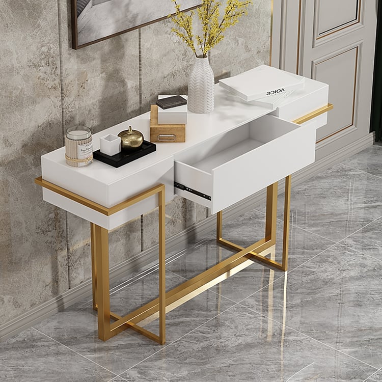 39.4" Modern White Console Table with Drawer Gold Metal Frame｜Homary