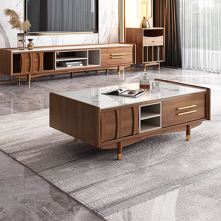 Modern Wood Coffee Table with Storage with Marble & Wood｜Homary