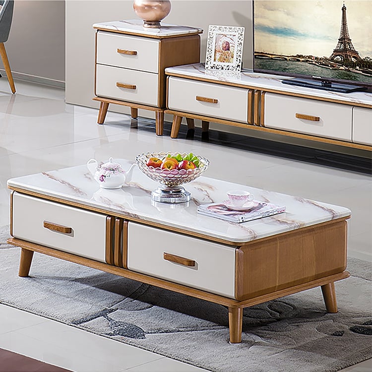 Modern Wood Coffee Table with Storage with Marble Top & Wood｜Homary