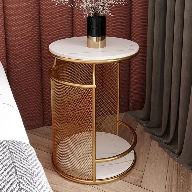 White Round Sintered Stone Side Table with Shelf End Table in Gold｜Homary
