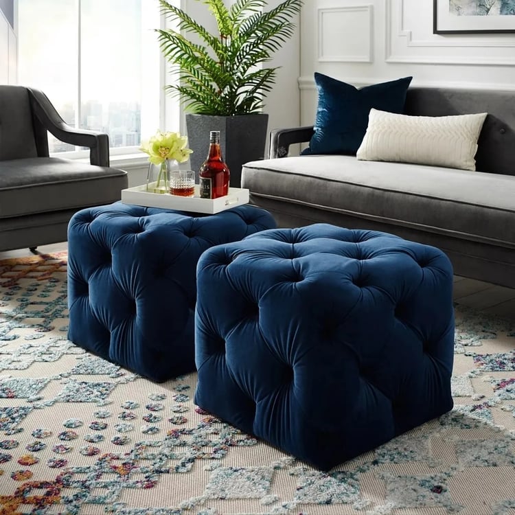Blue Square Ottoman Stool Velvet Upholstered Ottoman Stool