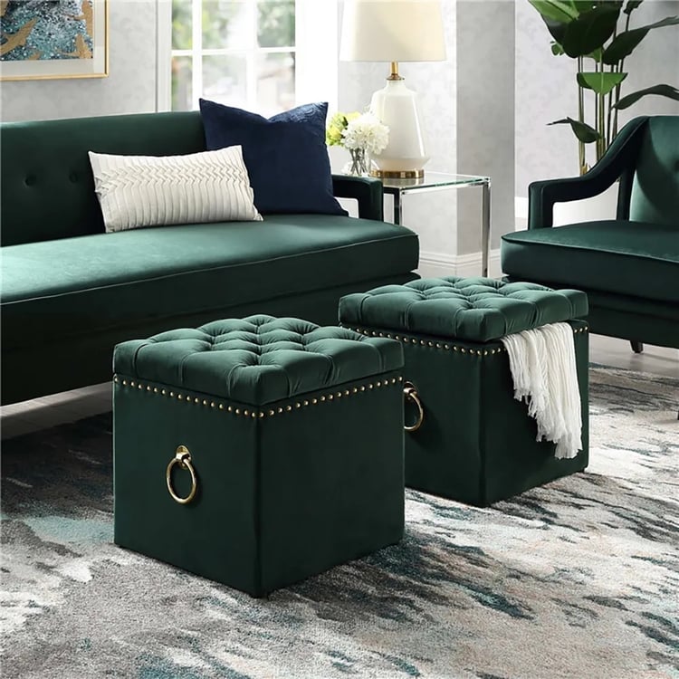 Green Small Tufted Storage Cube Stool Velvet Upholstered Ottoman