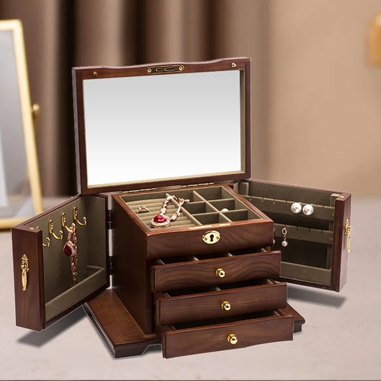 Brown Wooden Jewelry Box Mirrored Organiser with Lock｜Homary UK