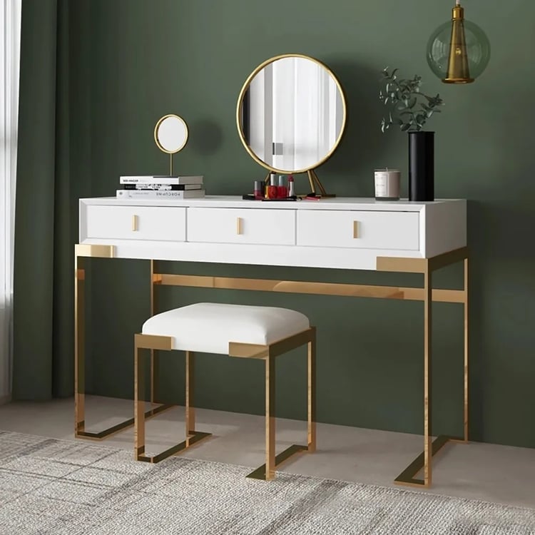 Modern White Makeup Vanity Set 3-Drawer Dressing Table Stool