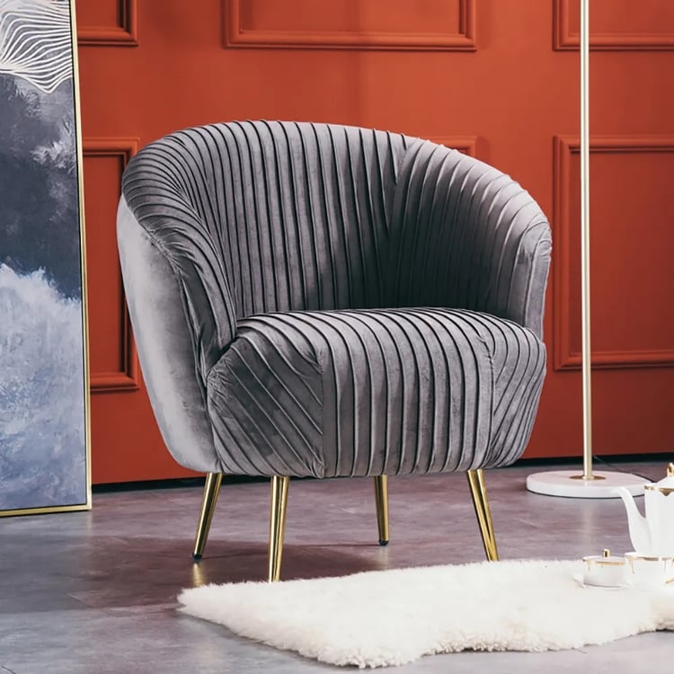 Gray Velvet Accent Chair Upholstered Arm Chair with Metal Legs in