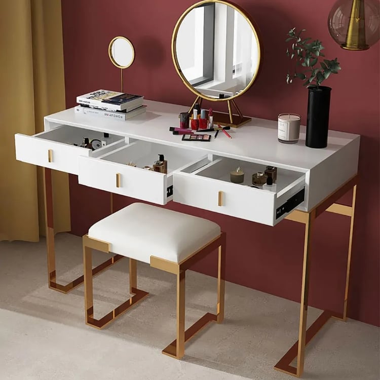 Modern White Makeup Vanity Set 3-Drawer Dressing Table Stool & Removable  Mirror IncludedHomary