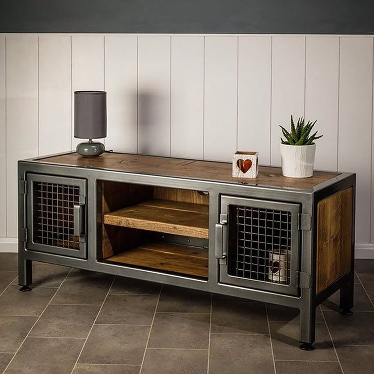 Industrial Loft Black TV Stand Rectangular Metal TV Console with Storage Homary UK