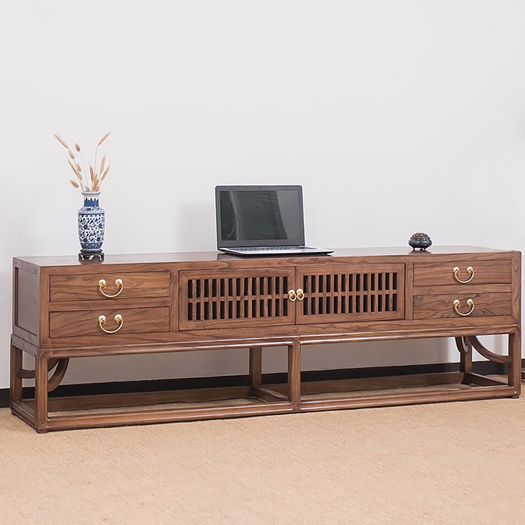 Vintage Walnut Rectangular TV Stand Neo Chinese Style 2159mm Media Console with Storage Homary UK