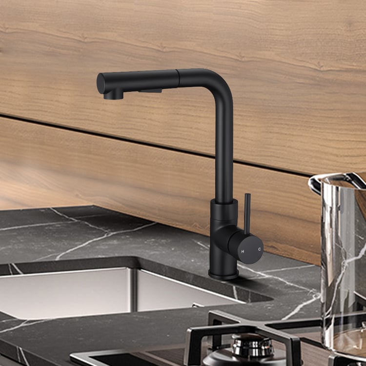 Single Handle Pull Out Kitchen Tap 1-Hole Black Solid Brass Watermark