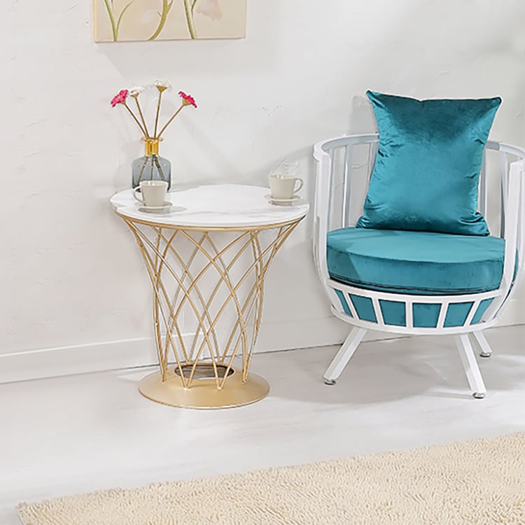 Modern White Round Coffee Table with Marble Top & Metal Base｜Homary
