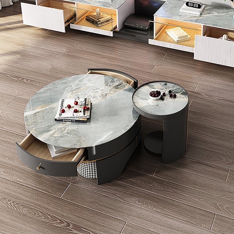 Modern Nesting Storage Coffee Table Set Sintered Stone Top with