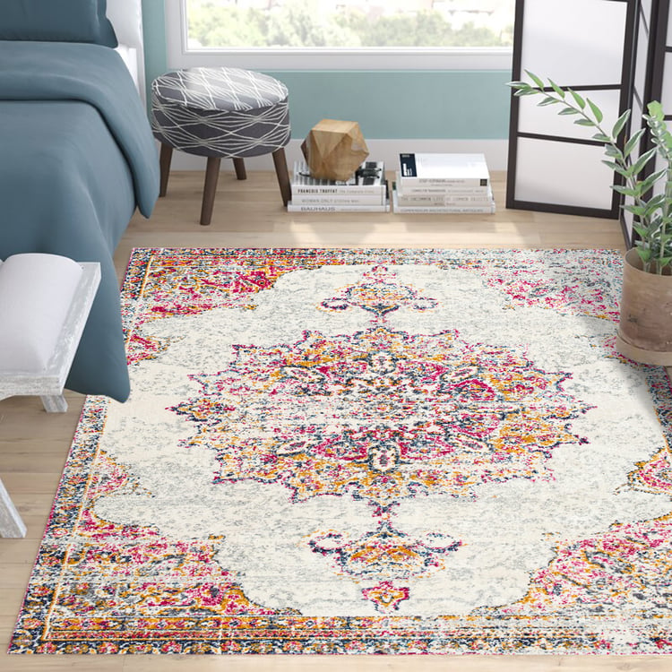 Bright Rectangle Rug 1200mm × 1800mm Retro Ethnic Style Red & Light Grey Rectangle Area Rug ...