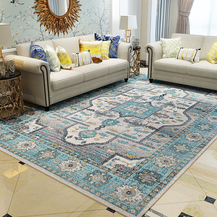 9' × 12' Retro Ethnic Style Light Blue & Gray Rectangle Area Rug