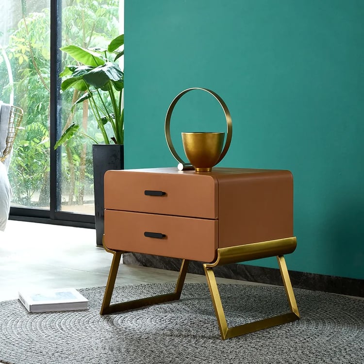 Moderner, brauner Nachttisch mit 2 Schubladen, PU-Leder, mit goldenen Beinen｜Homary DE