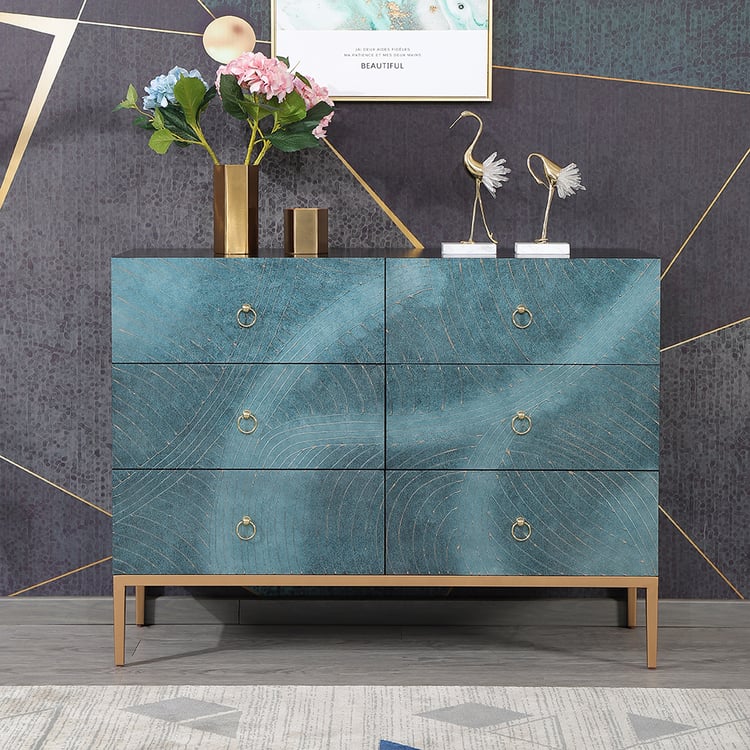 47" Blue-Green Dresser Artistic 6-Drawer Bedroom Cabinet in GoldHomary