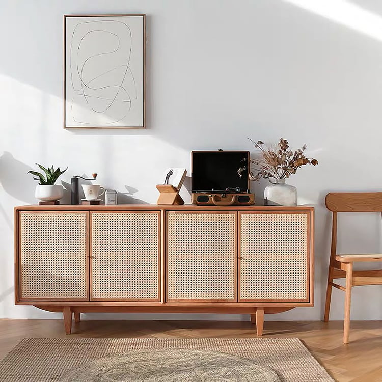 Dressoir met 2 rotan deuren en 2 laden, commode, keukenkast, opbergkast met metalen handgrepen en metalen basis, keukencommode vrijstaande kast, buffetkast, bijzetkast (Oak
