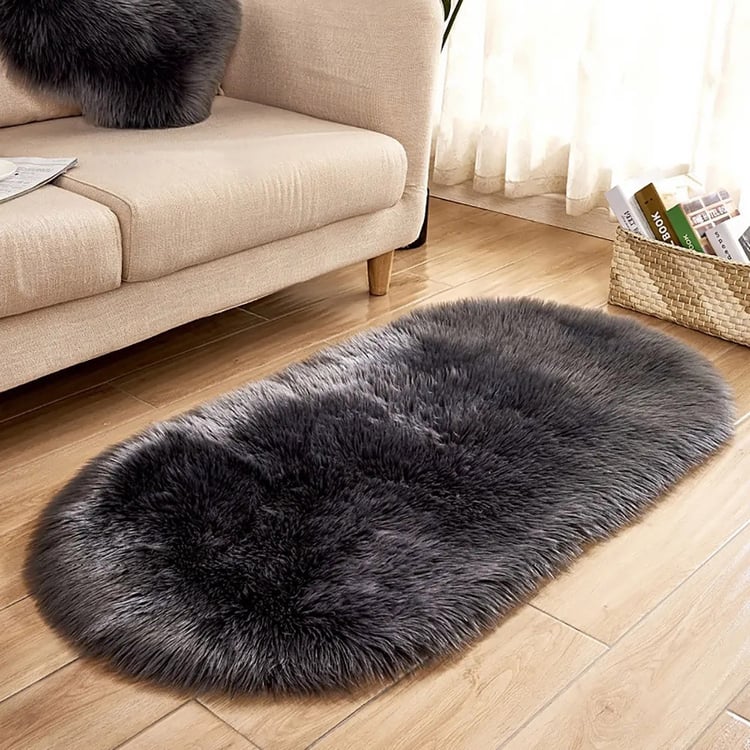 Modern Deep Gray Faux Fur Sheepskin Living Room Area Rug 3' x 6'｜Homary