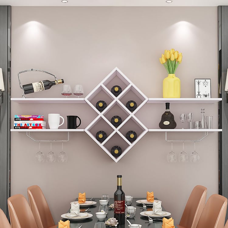 Contemporary Wall Wine Shelves Rack with Glass Rack-White