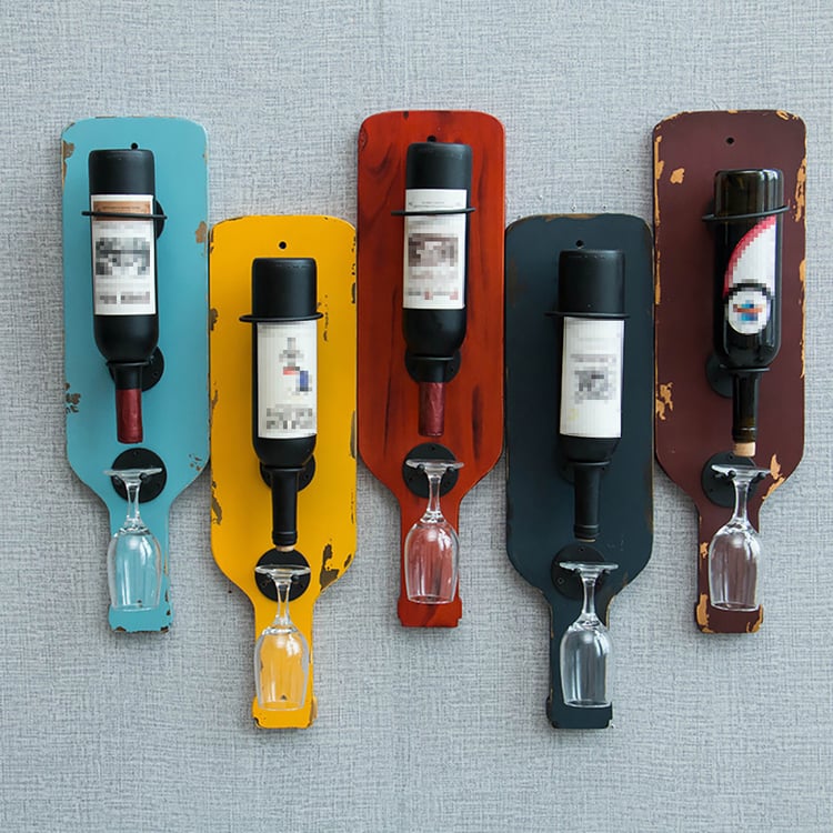 Dark Red Unique Bottle Sculpt Wooden Wall Mounted Wine Rack with