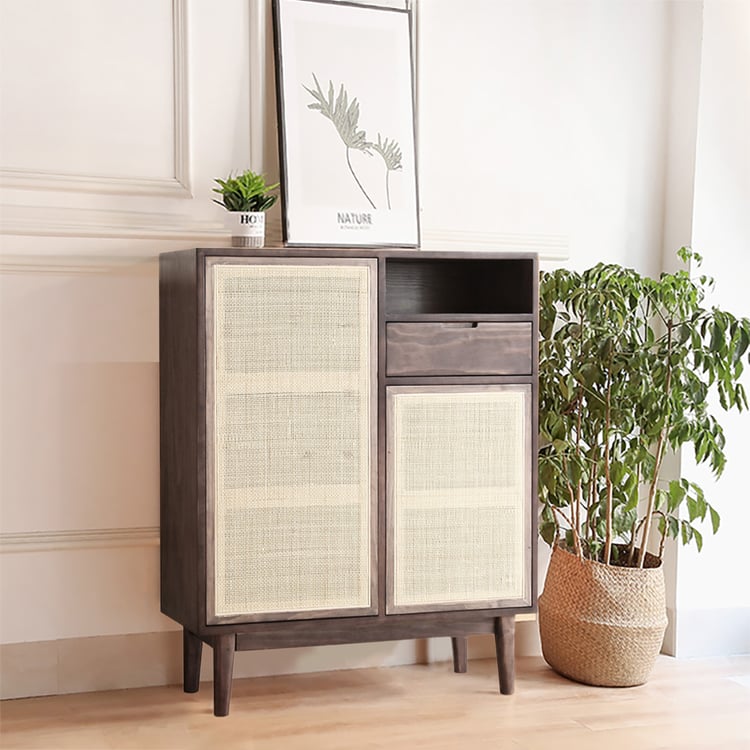 880mm Nordic Walnut Rattan Shoe Cabinet 2-Door 4-Shelf 1-Drawer