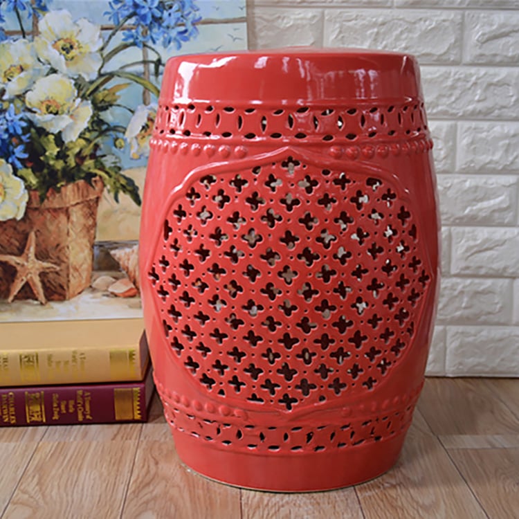 Ceramic Red Garden Stool End Table Drum Shape｜Homary