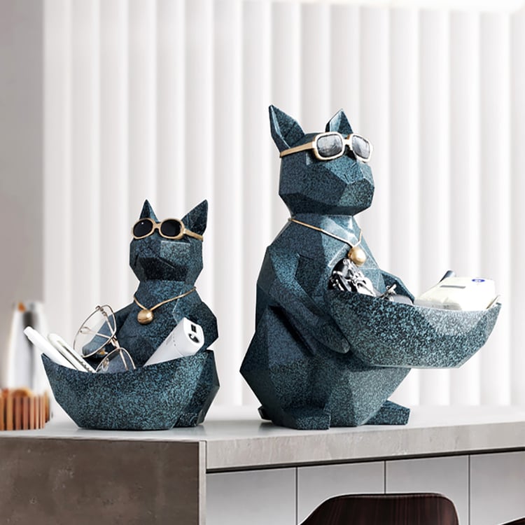 Contemporary Cat Sculpture Desk Organiser Tissue Box Cover in Blue Homary UK