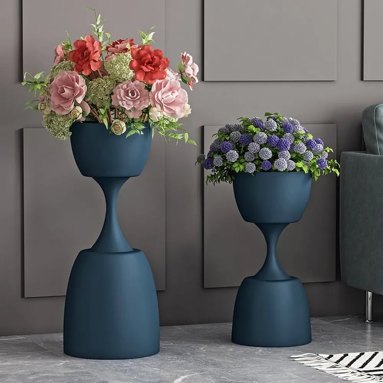 Modern Blue Plant Pots Hourglass Indoor Planter Metal Set of 2Homary