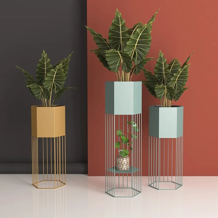 Hellgrüner kleiner 1-teiliger sechseckiger Blumentopf Ständer für Wohnzimmer, Metalldraht-Sockel｜Homary DE